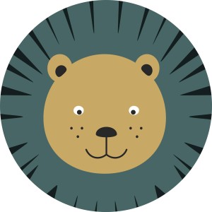 ESTAhome Wandtattoo: Runder Löwe mit petrolblauer Mähne und ockergelbem Gesicht, Ø 70 cm.