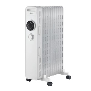 Weißer Midea Öl-Radiator NY2009-22M mit 9 Heizrippen und Bedienelementen. Elektrisches Heizgerät mit 2000 Watt.