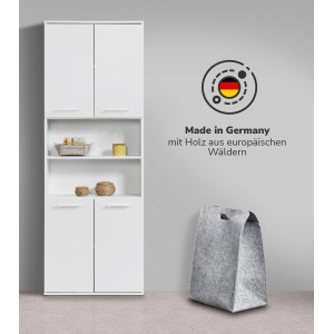 Weißer mokebo Bad Hochschrank „Der Kapitän“ (180x65x34 cm) mit offenen und geschlossenen Fächern.