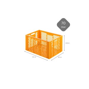 Gelb-orangener Eurobehälter/Bäcker-Konditorkasten, 70 Liter, stapelbar, mit Maßangaben.