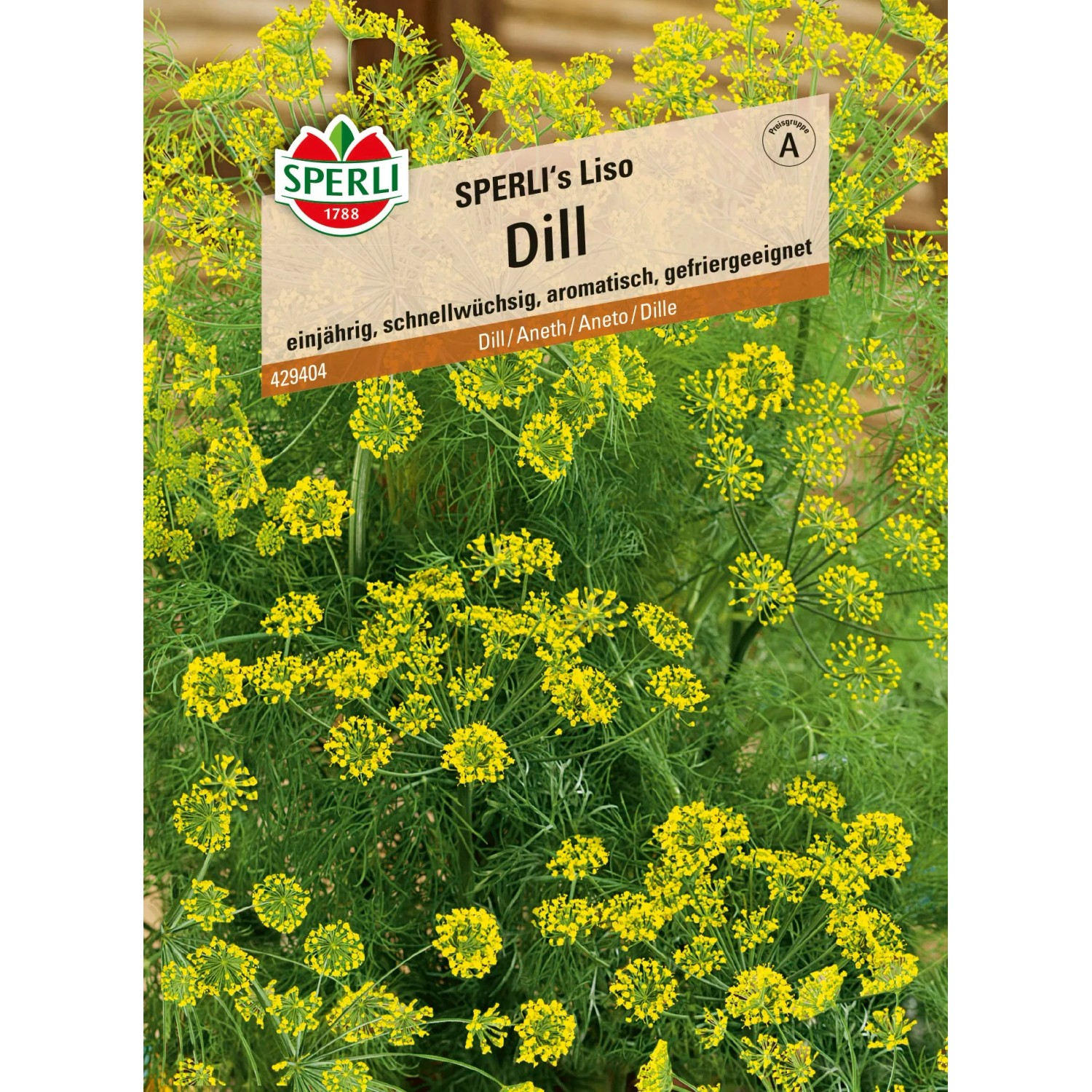 Sperli Dill Sperlis Liso Kräutersamen mit gelben Blüten und grünen Blättern.