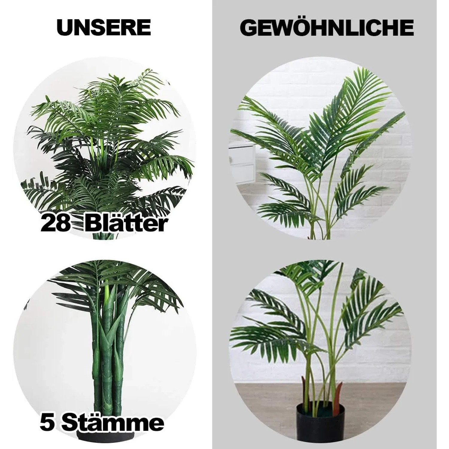 Costway Kunstpflanze, 110cm hoch, grüne Zimmerpalme im Vergleich zu einer gewöhnlichen Kunstpflanze.