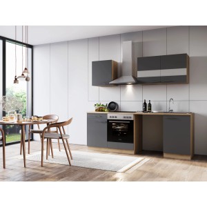 Moderne Respekta Küchenzeile Merle 220 cm in Eiche Grau mit Waschmaschinen-Nische und Elektrogeräten.