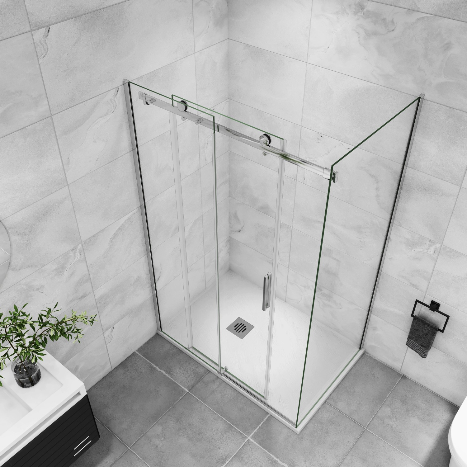 AICA Eckdusche mit Schiebetür, 100x80x195cm, 6mm ESG-Glas, chromglänzender Rahmen. Ohne Duschtasse.