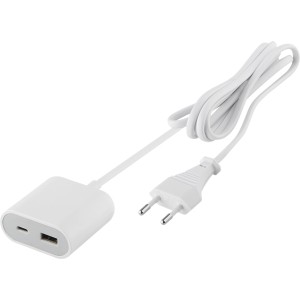 Weißes USB-A + USB-C Ladegerät mit 1,5 m Kabel und Eurostecker (17,5 W) für Audio-Zubehör.