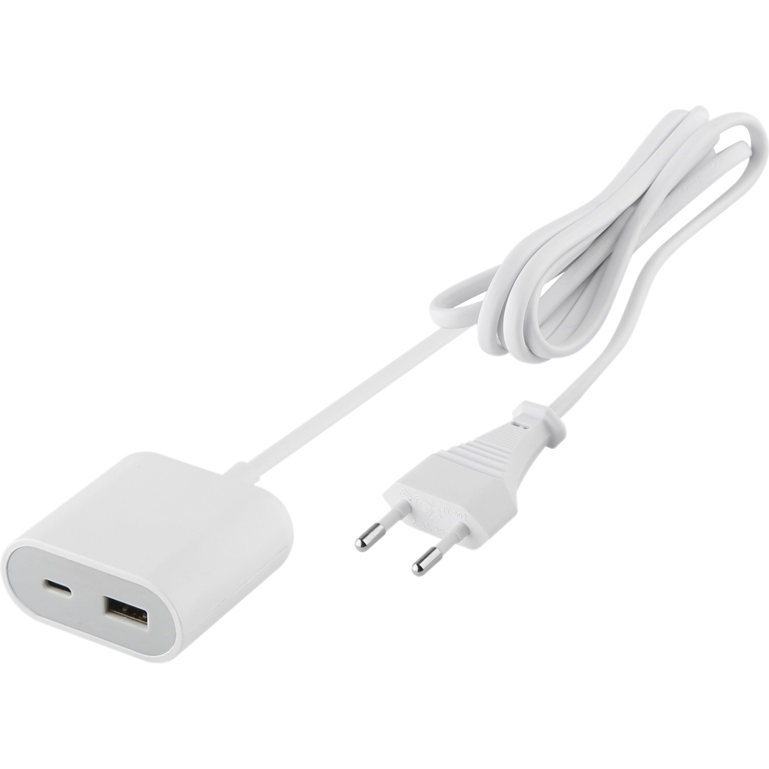 USB-A + USB-C Ladegerät mit 1,5 m Kabel Eurostecker 17,5 W Weiß