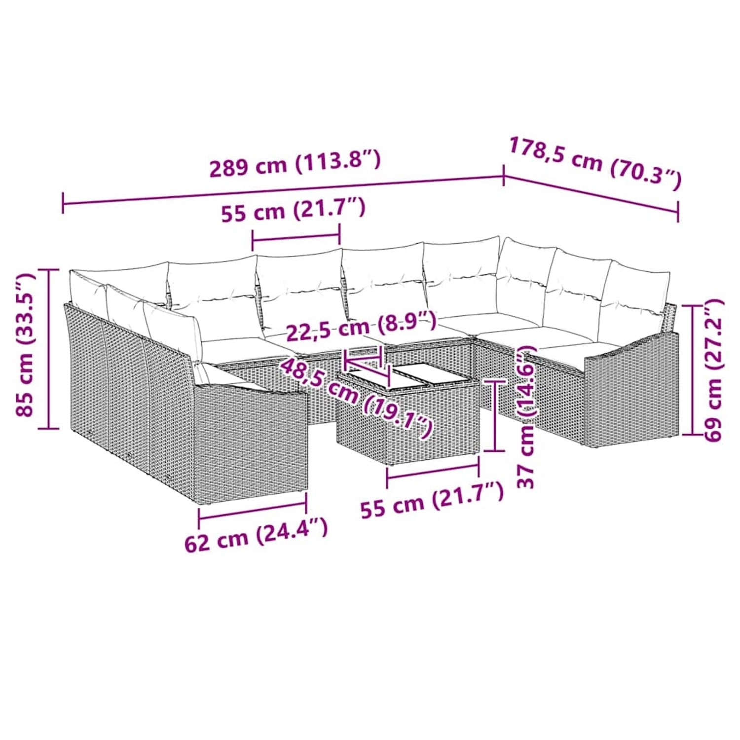Beiges 10-tlg. vidaXL Garten-Sofa-Set aus Poly Rattan mit Tisch, Maße siehe Abbildung.