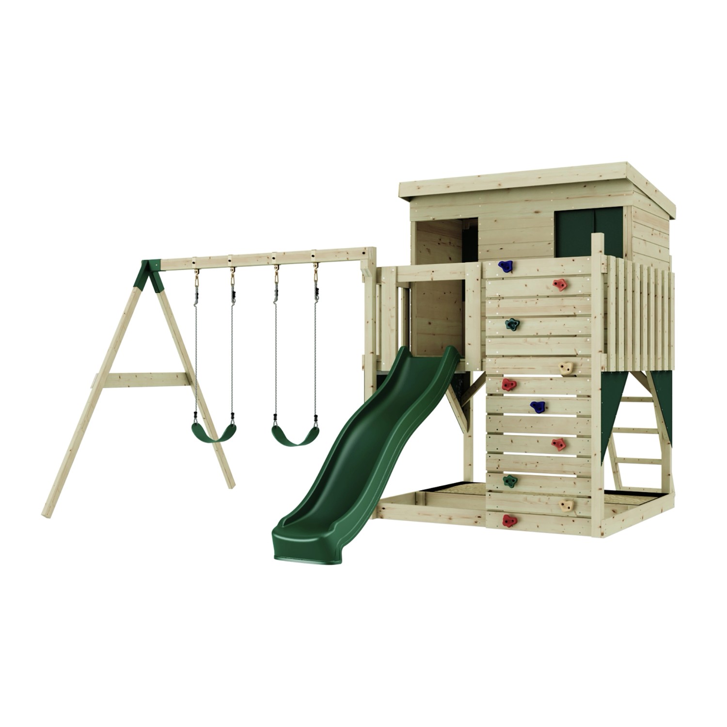 PolarPlay Spielturm Nils, mit Kinderschaukel, Dunkelgrün