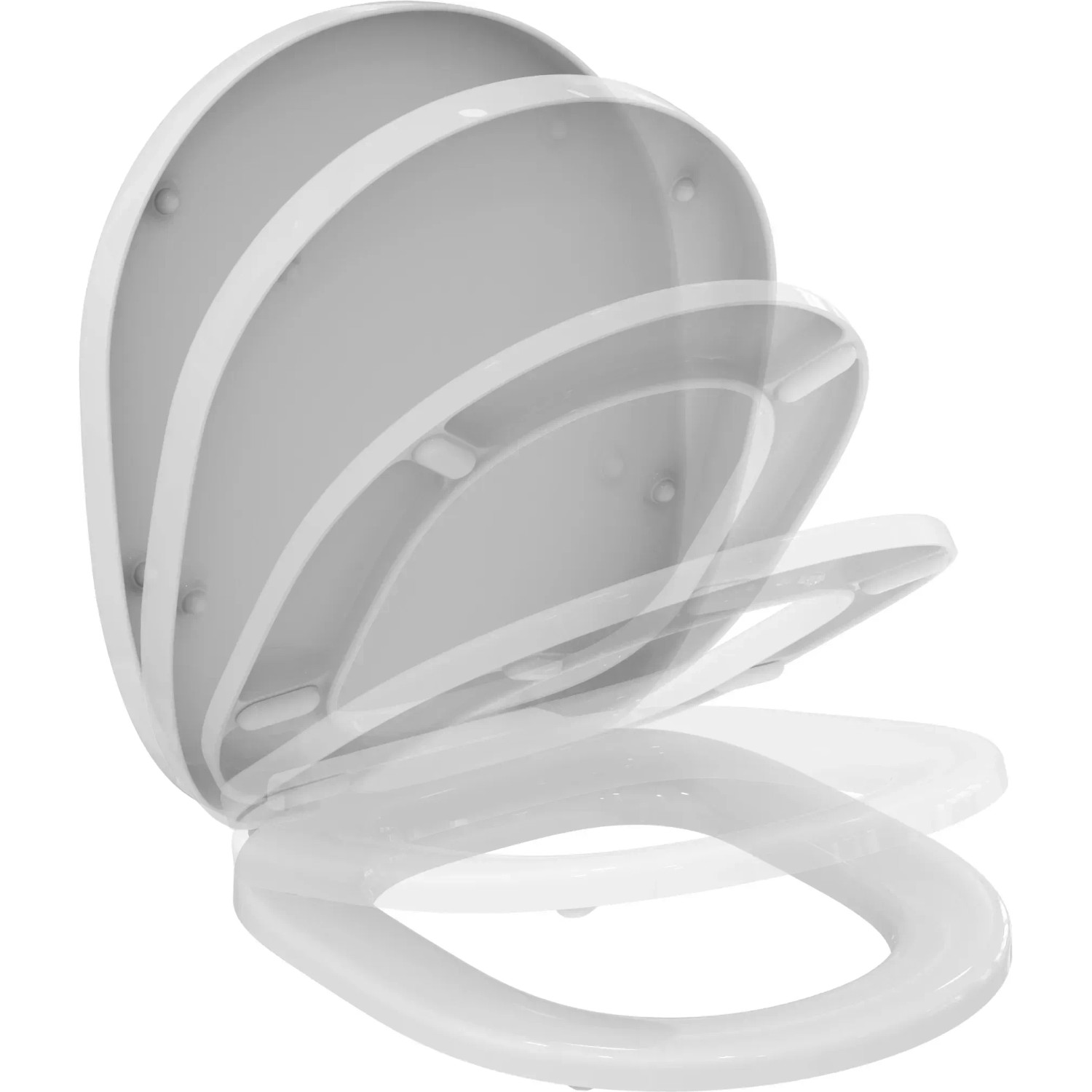 Weißer Ideal Standard Connect WC-Sitz mit Softclosing Funktion in verschiedenen Öffnungswinkeln.