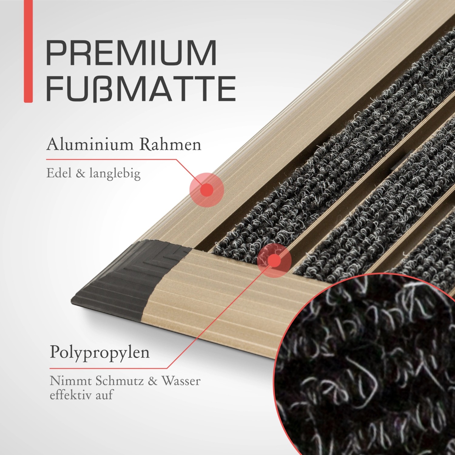 Bomoe Alu-Fußmatte 50x80cm Champagner, Detailansicht: Aluminiumrahmen, Rips-Lamellen, Schmutzfang.