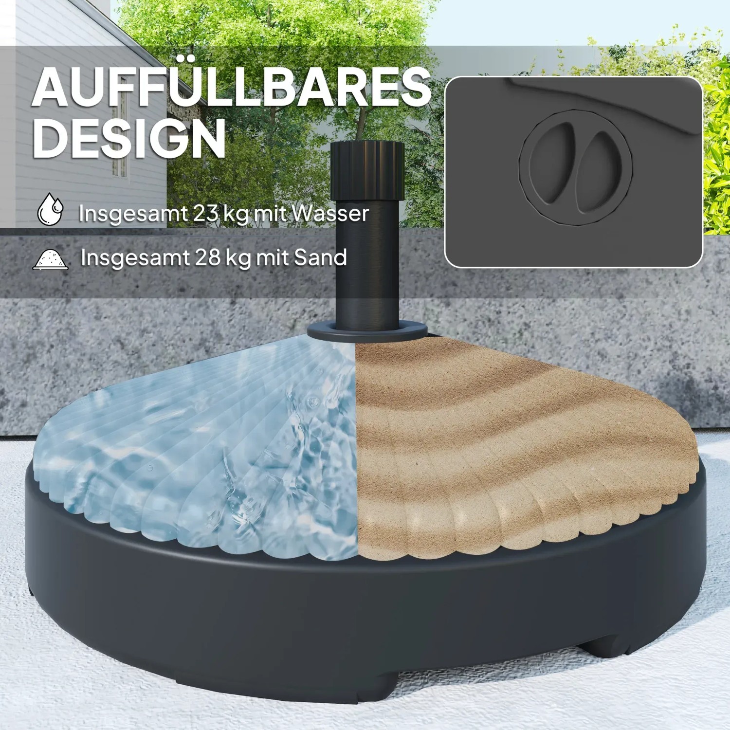 Outsunny Sonnenschirmständer, rund, schwarz, befüllbar mit Wasser oder Sand für Stabilität.