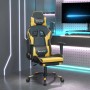 Gaming-Stuhl in Schwarz und Gold mit Massagefunktion und Fußstütze.