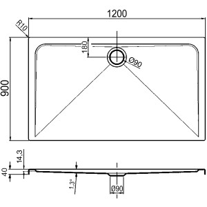 Technische Zeichnung Ottofond Duschwanne Extraflach Maui, 120x90 cm, rechteckig, Maße und Ablaufposition.