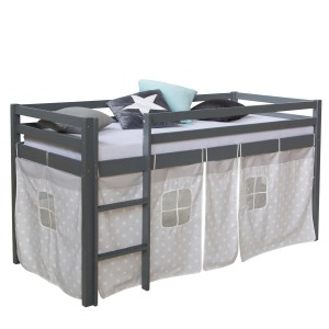 Graues Homestyle4u Hochbett mit Leiter und Vorhang mit Sternen für Kinder.