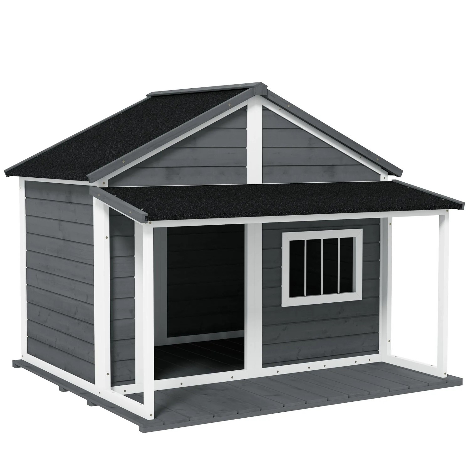 PawHut Hundehütte aus Massivholz mit Terrasse Asphaltdach Grau 124 x 112 x 105cm