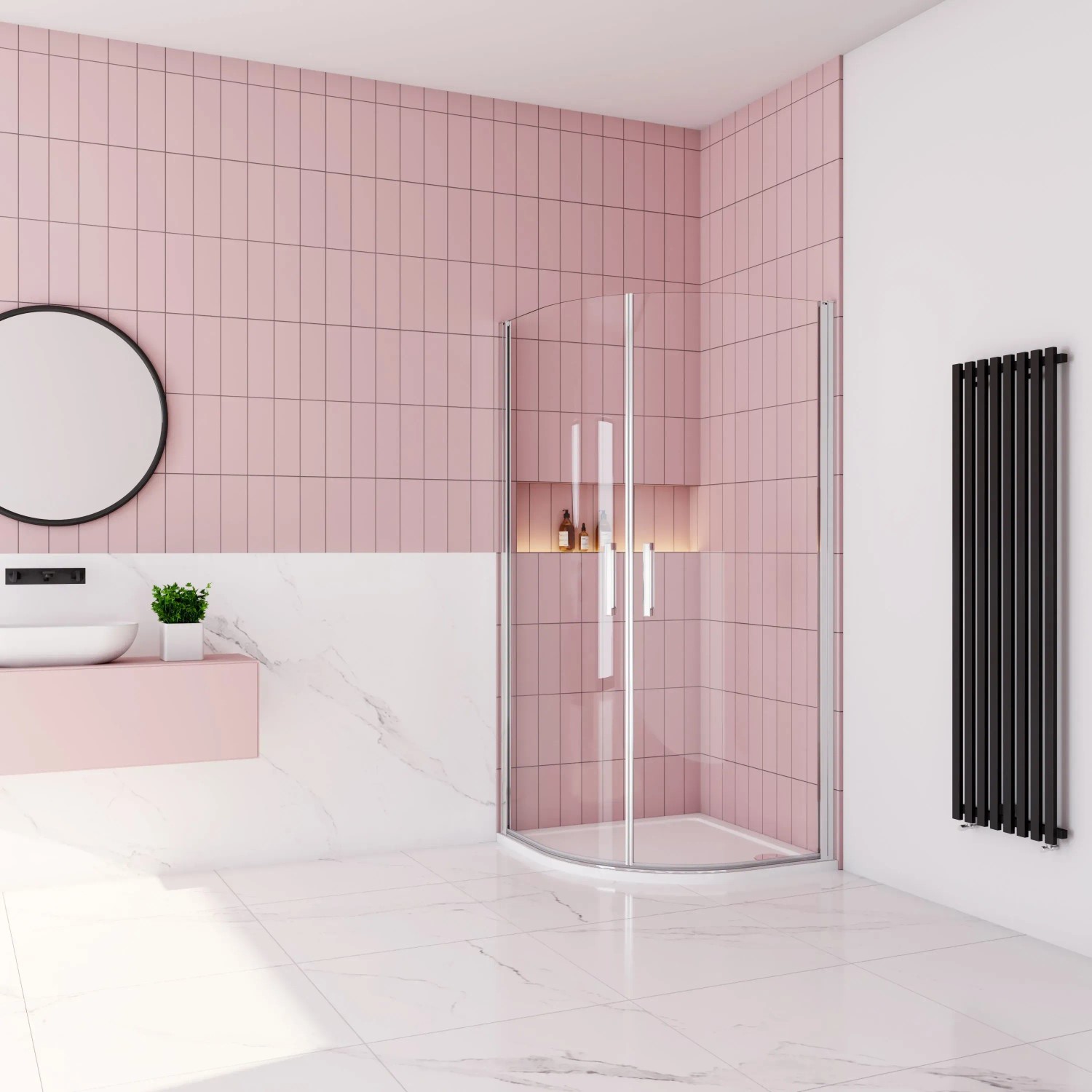 AICA Viertelkreis-Duschkabine 90x90 mit Drehtür, 6mm NANO ESG Glas im modernen Badezimmer.