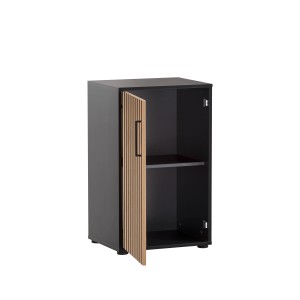 PROREGAL Aktenschrank Raven, 84x51x41cm, 2 Fächer, 1 Tür mit Akustikpaneel in Eiche & Schwarz.