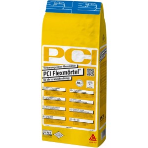 Gelber Sack PCI Flexmörtel Fliesenkleber, 5 kg, für Innen- und Außenbereich.