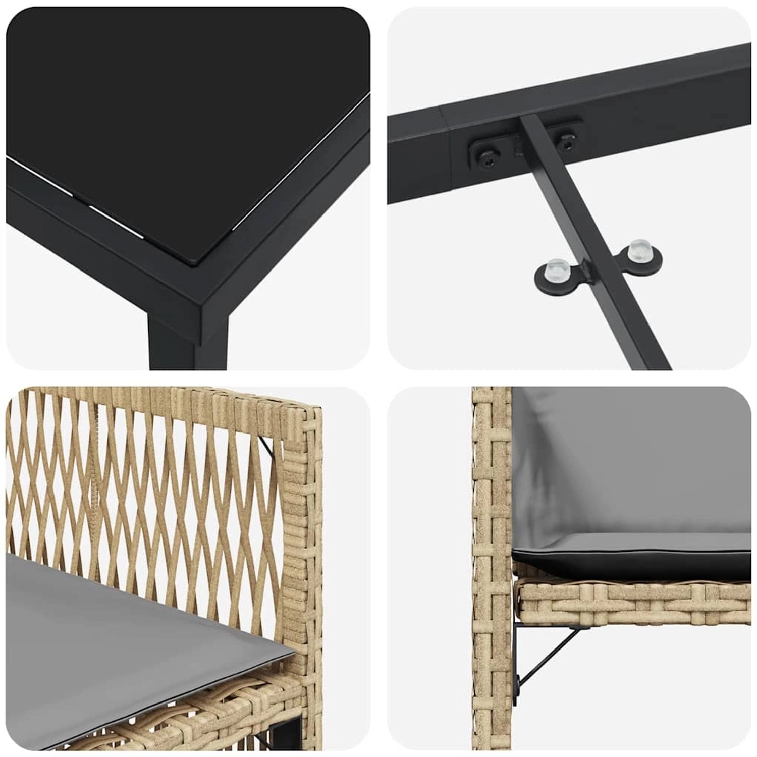 Detailansichten der vidaXL Garten Essgruppe, beige Poly Rattan, Tischplatte aus Glas, Stuhl mit Sitzkissen.