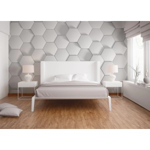 Fototapete mit weißem Hexagon Muster im Schlafzimmer, 3,50 m x 2,55 m