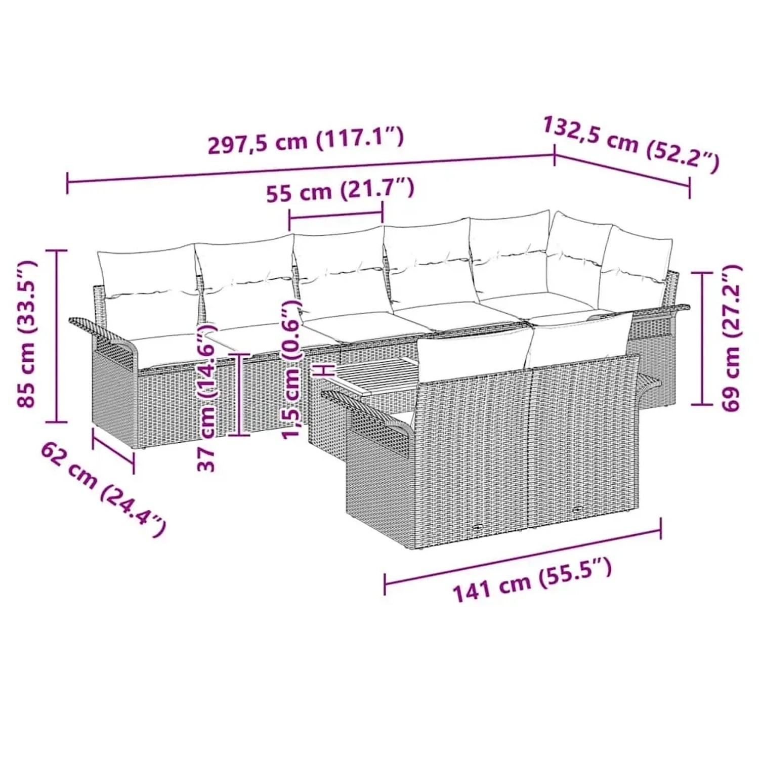 vidaXL Garten-Sofa-Set, 9-teilig, Schwarz, Poly Rattan, mit Maßen. Ideal für Terrasse und Garten.