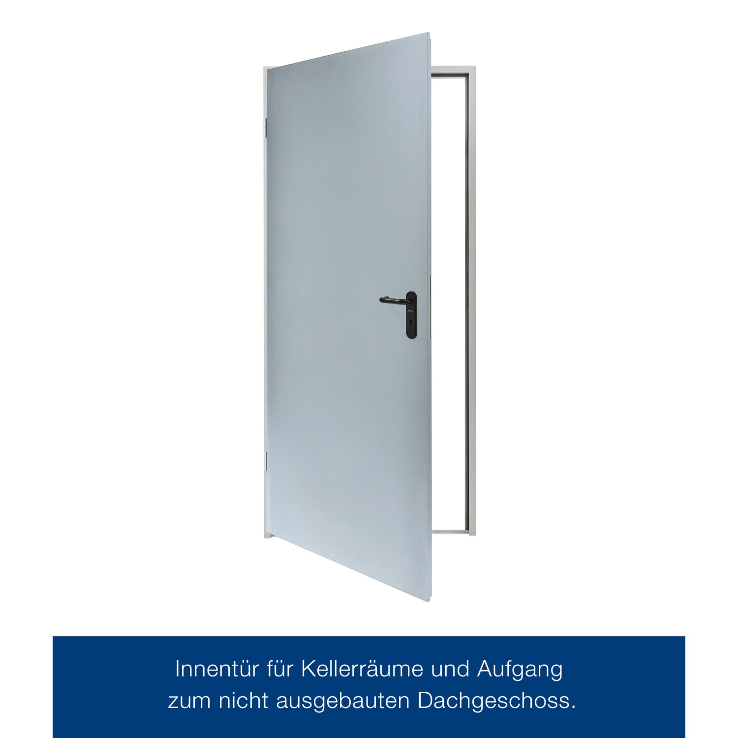 Eingehängtes ZK-Türelement, verzinkt, 750x1875x85 mm, DIN links, mit schwarzem Türgriff.