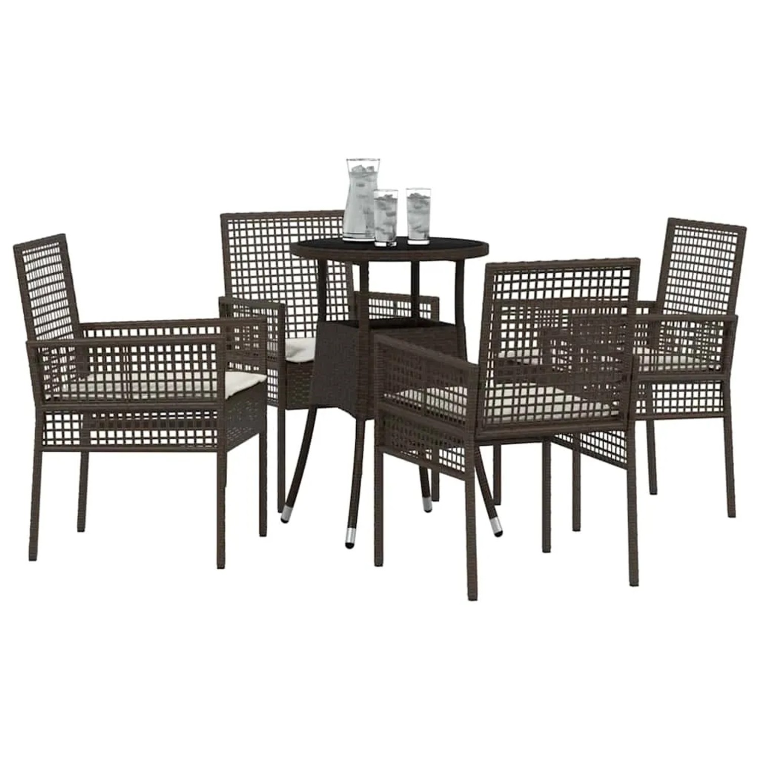 Braune 5-teilige vidaXL Garten Essgruppe aus Poly Rattan mit Tisch und Stühlen.