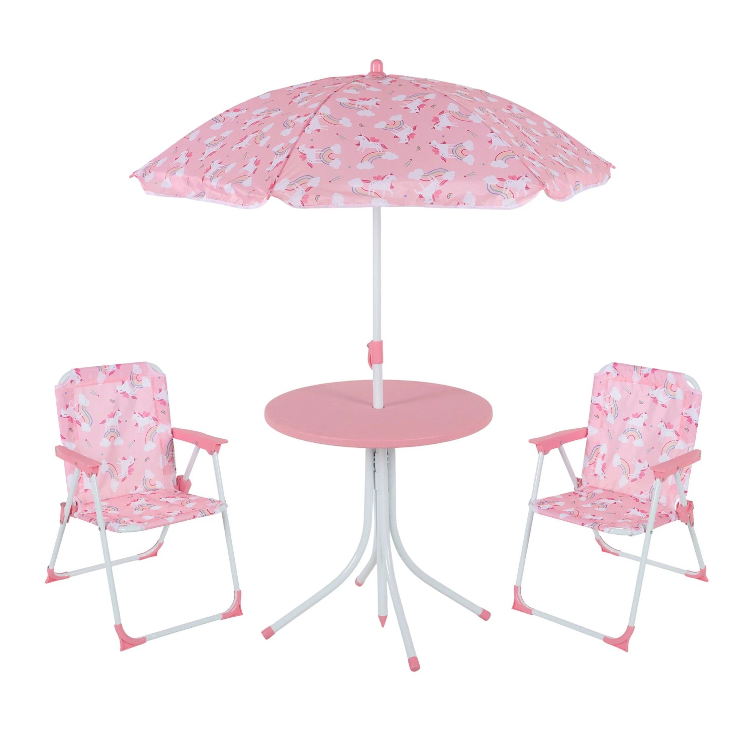 Relaxdays Kindersitzgruppe Eisen Kunststoff Polyester mit Schirm Einhorn 53 cm x 36 cm x 37,5 cm