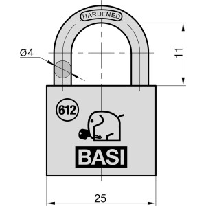 Basi Vorhangschloss VHS 612, 25mm, Messinggehäuse mit Stahlbügel und 2 Schlüsseln. Schemazeichnung.