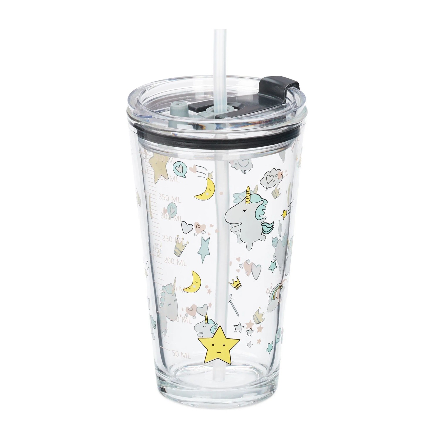 Relaxdays Kindergläser 4er Set Glas Transparent Weiß Gelb mit Deckel und Strohhalm 15,5 cm x 9 cm x 9,5 cm