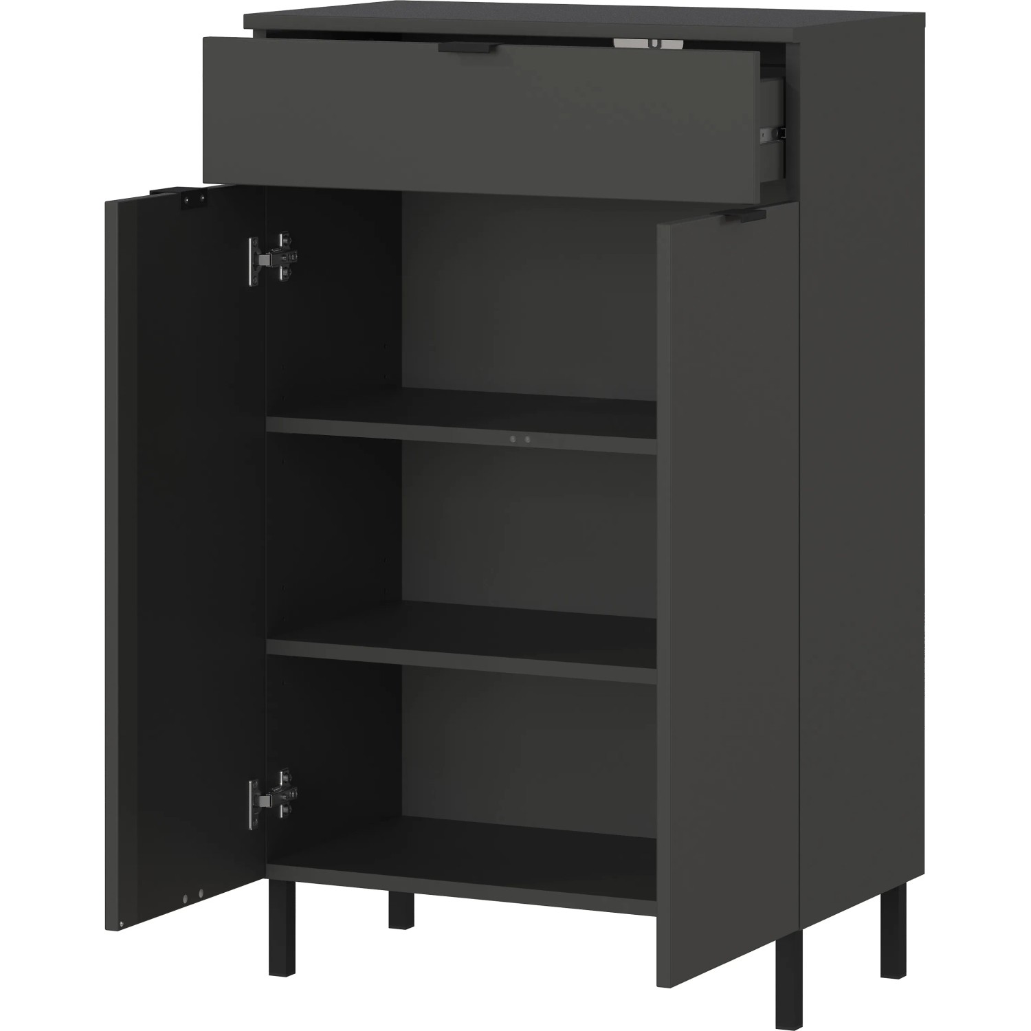 Germania Kommode 1981-547 Graphit, 60x97x34 cm, mit offener Schublade und geöffneten Türen.