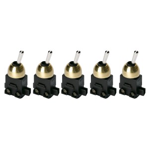 Fünf goldene Orion Lightstyle Einbau-Kippschalter für Lampen.