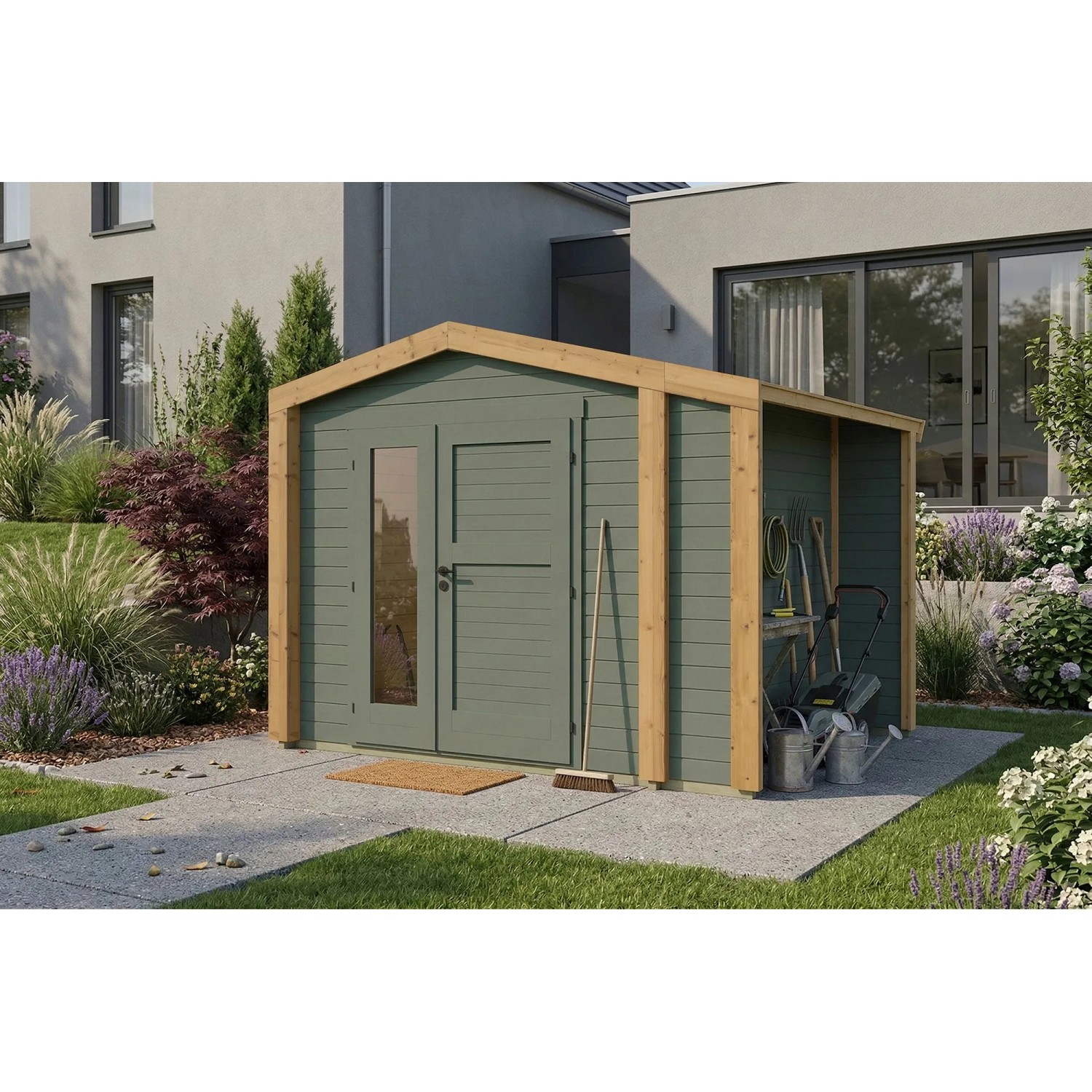 Weka Holz-Gartenhaus Killarney Satteldach Grau-Grün Lasiert 311 cm x 263 cm
