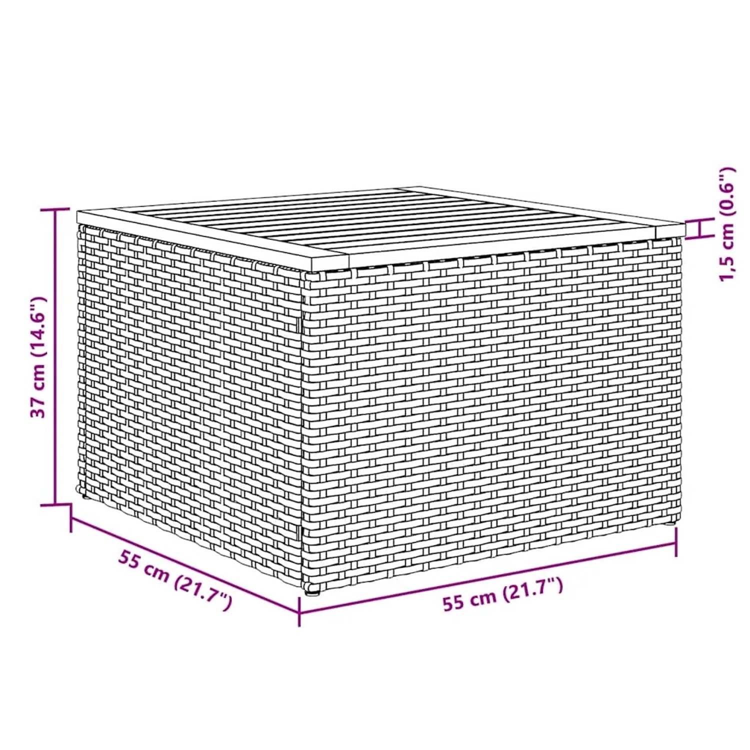 Skizze eines schwarzen Gartenmöbel-Tisches aus Rattan, Teil der vidaXL Sofagarnitur, mit Maßangaben.