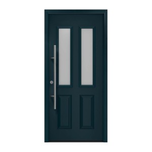 Anthrazitgraue EcoStar Haustür Isopro Secur IPS 410S mit zwei satinierten Glasausschnitten und Edelstahlgriff.