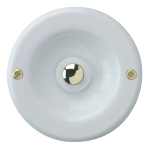 Weißer, runder REV Klingeltaster für die Unterputzmontage. Türklingel mit goldfarbenem Knopf.