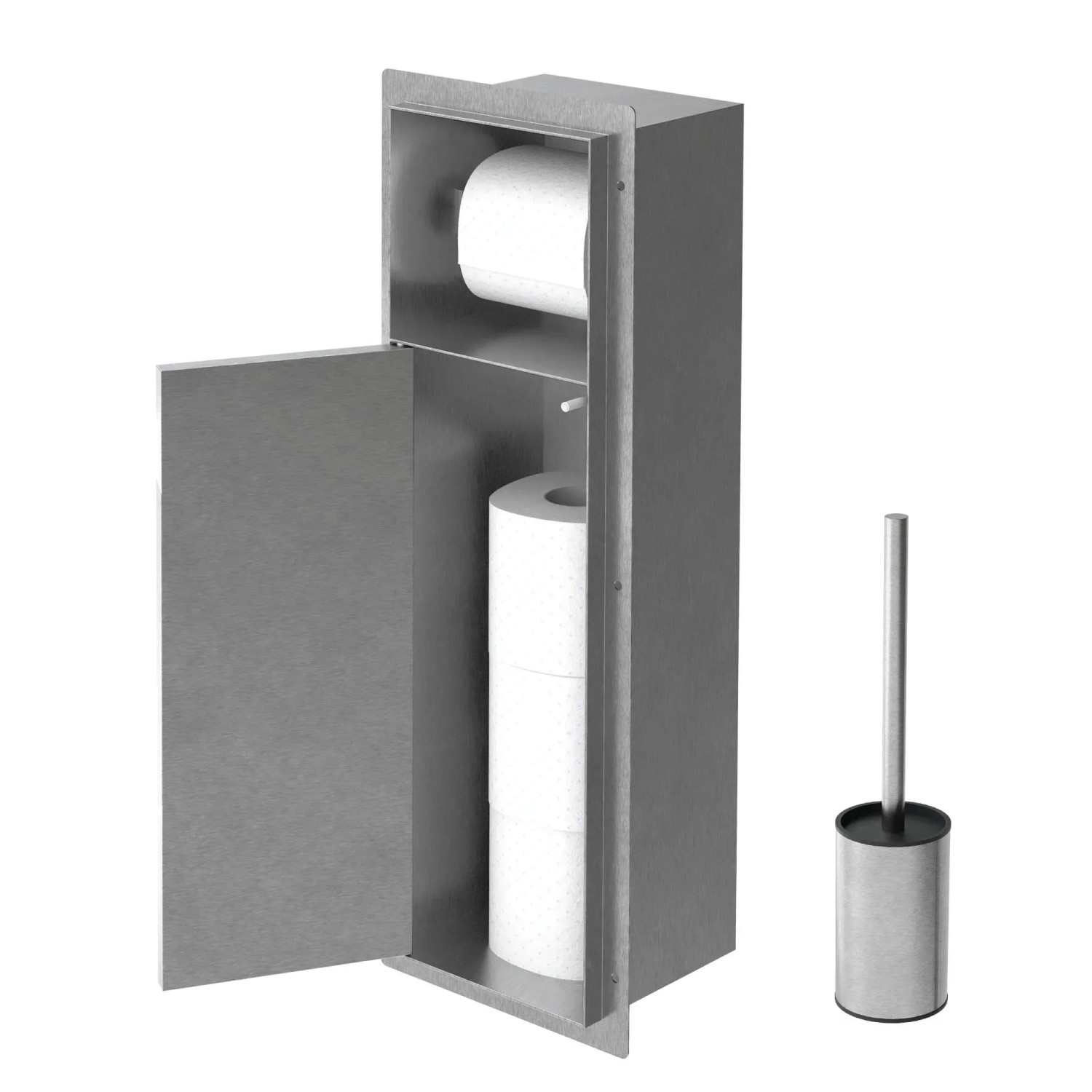 LuxeBath Unterputz WC-Schrankmodul aus Edelstahl mit Toilettenpapier und Bürste.
