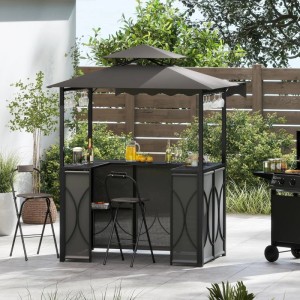 Costway Grillpavillon mit Bar und 2 Barhockern Doppeldach & Markise Grau