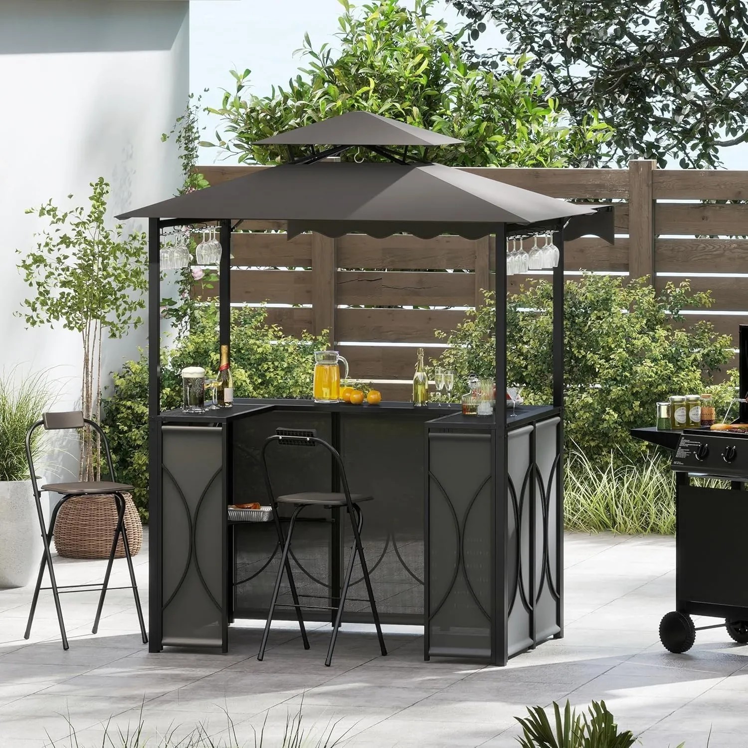 Costway Grillpavillon mit Bar und 2 Barhockern Doppeldach & Markise Grau_2