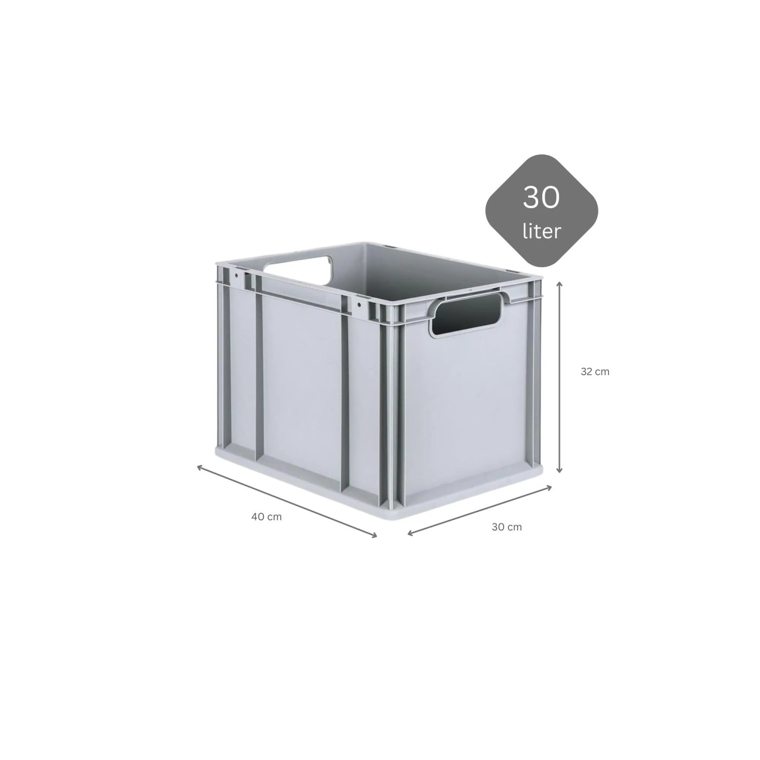 Graue PROREGAL Eurobox Nextgen Economy, 30 Liter, mit offenen Griffen. Aufbewahrungsbox für Industrie und Gewerbe.