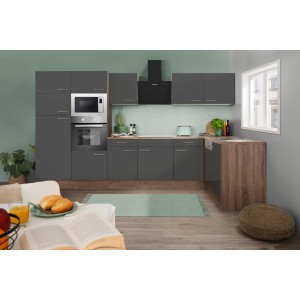 Respekta Winkelküche, 340 cm, Grau Seidenglanz/Eiche York Optik, mit E-Geräten.
