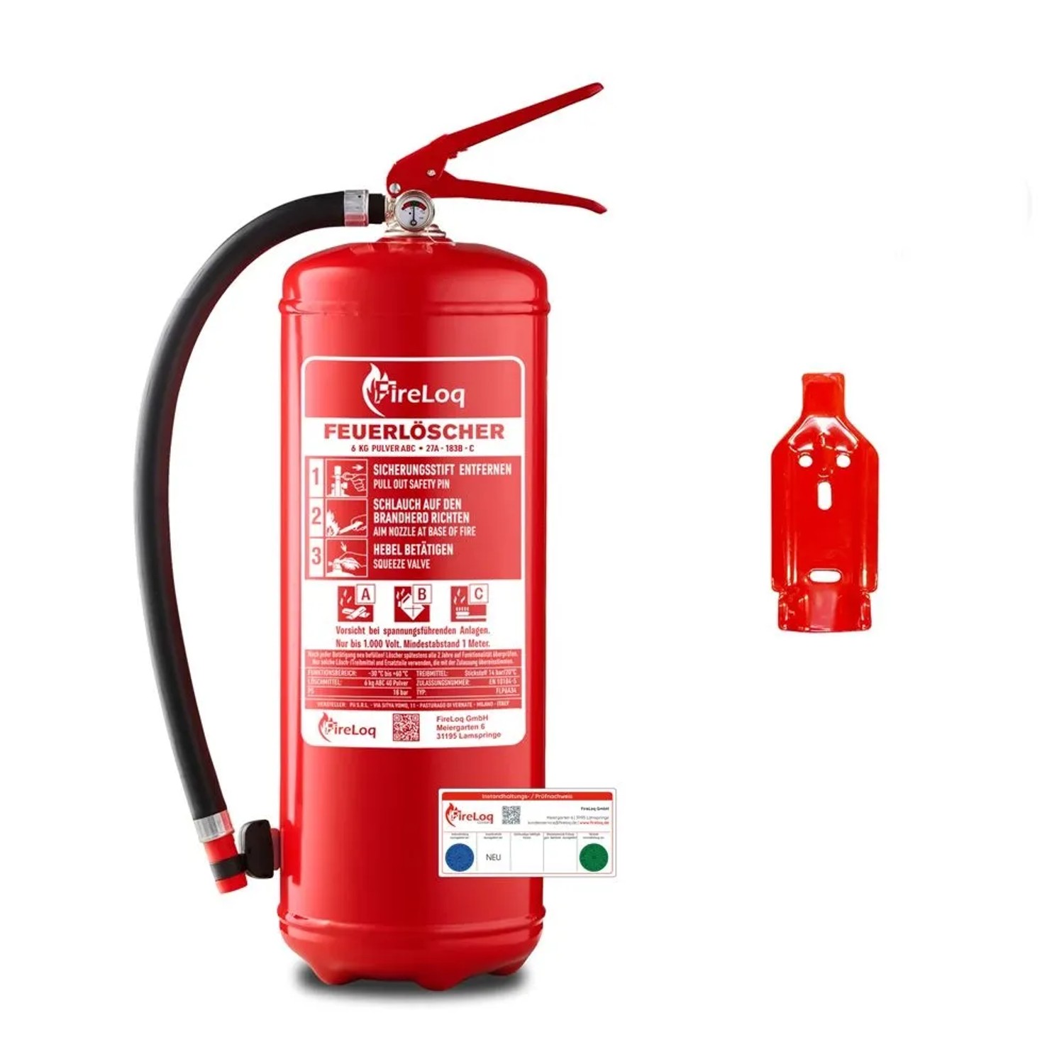 FireLoq 6kg Pulver Löscher 27A 183B C Prüfnachweis Wandhalter Manometer