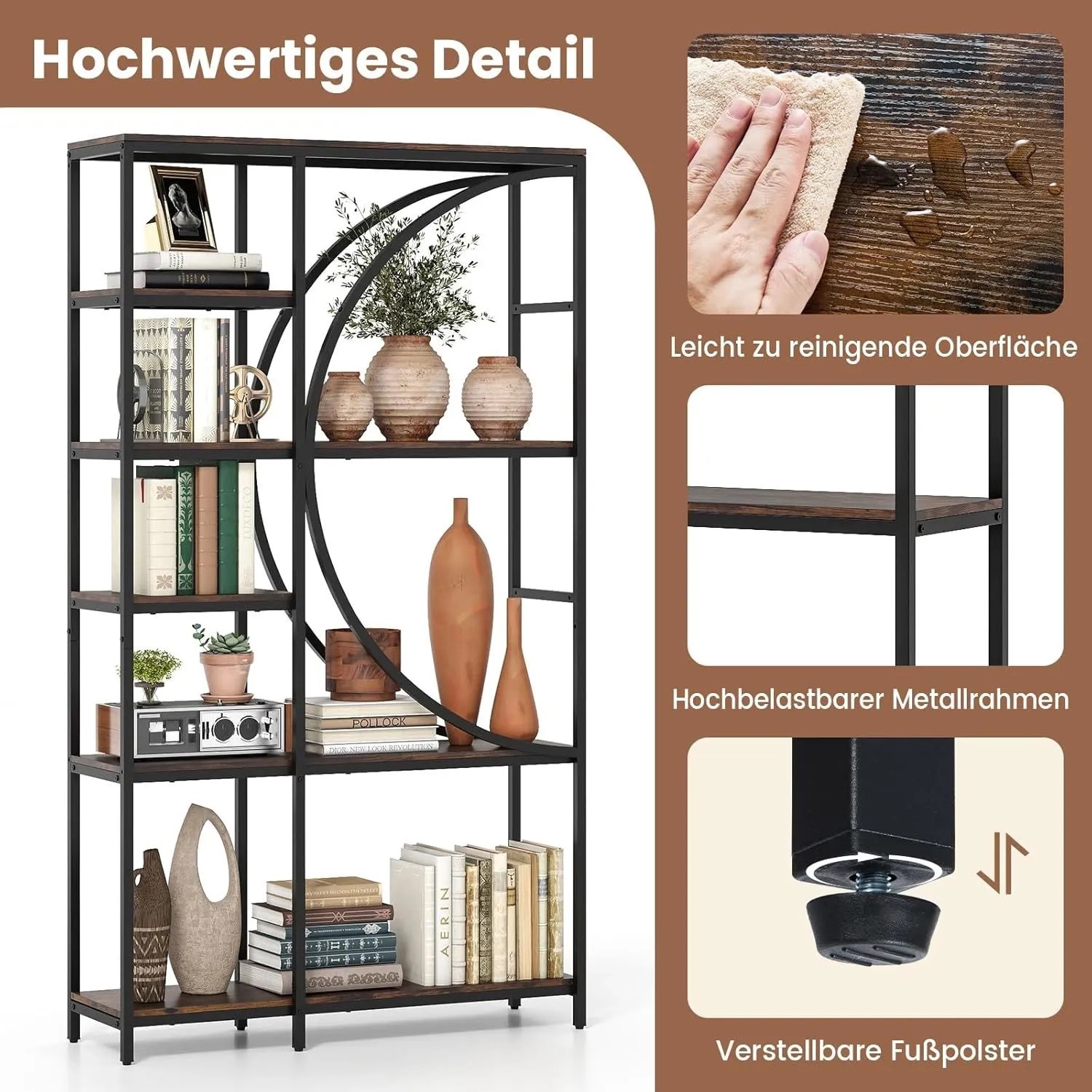 Costway Geometrisches Bücherregal Holz & Metall Braun 100 x 30 x 177 cm_5