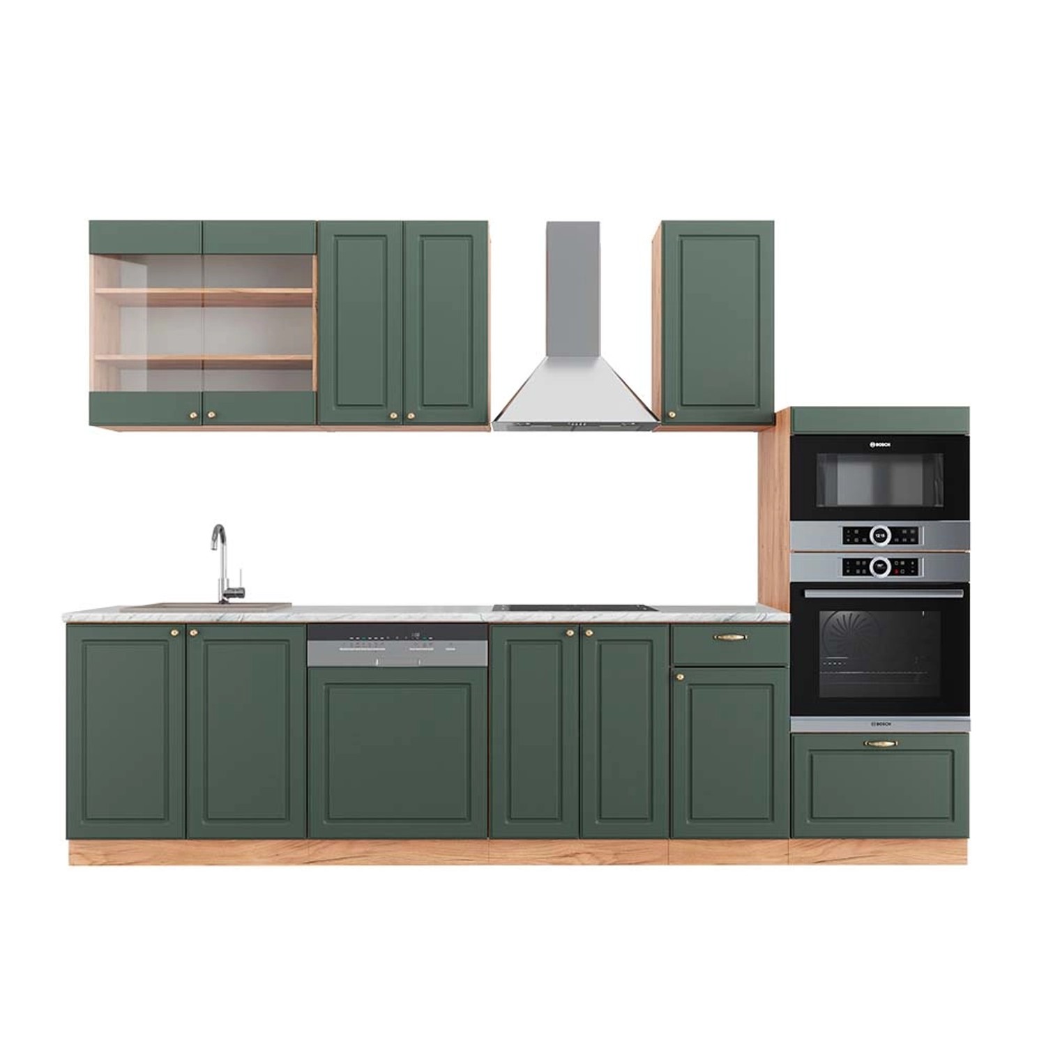 Vicco Fame-Line Küchenzeile Grün-Gold Landhaus/Goldkraft Eiche 300 cm mit H günstig online kaufen