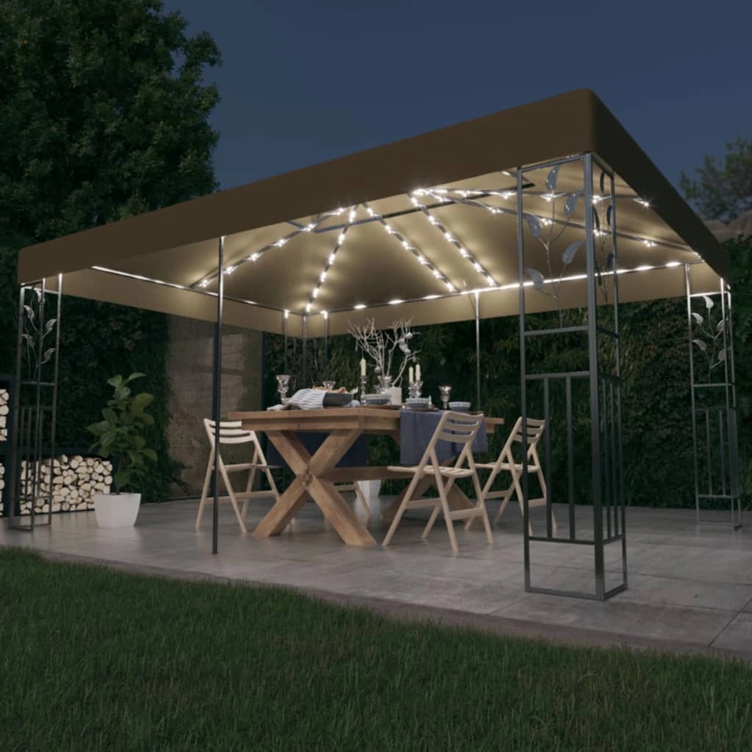 Taupe vidaXL Pavillon 3x4m mit LED-Lichterkette im Garten bei Nacht.