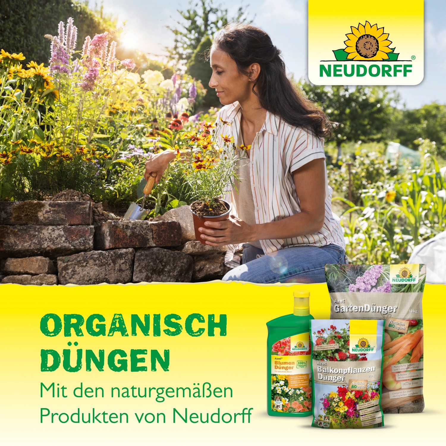 Neudorff Azet Gartendünger 10kg: Frau pflanzt im Garten, Düngerprodukte im Vordergrund.