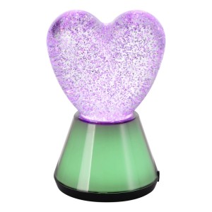 Eglo LED-Glitzertischleuchte in Herzform mit lila Glitter und grüner Basis. RGB-Dekoleuchte für stimmungsvolles Licht.
