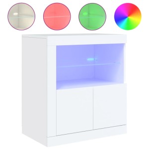 Weißes Sideboard mit RGB LED-Beleuchtung, Glasboden und zwei Türen. Modernes Möbelstück für Stauraum.
