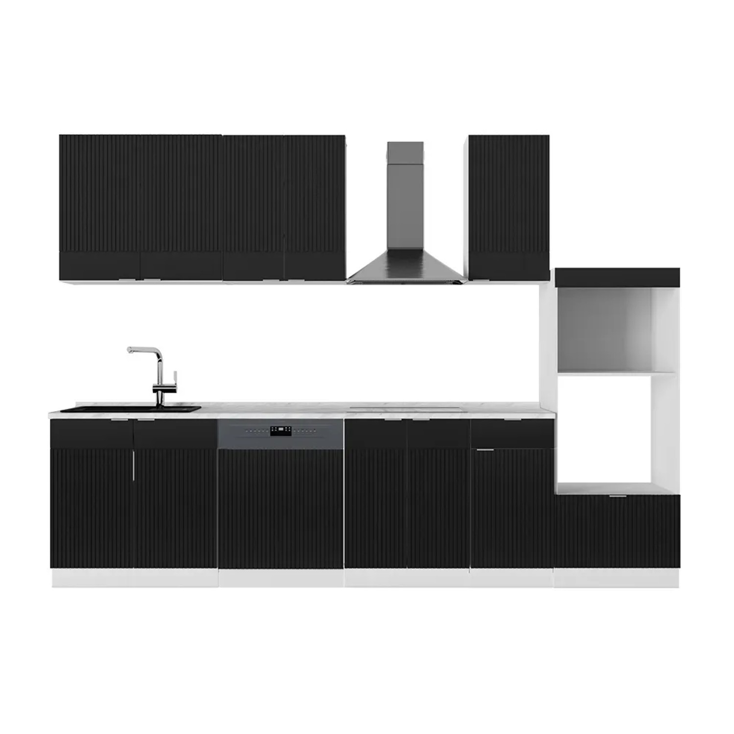 Vicco Fame-Line Küchenzeile Schwarz gestreift/Weiß 300 cm mit HochschrankAP Marmor ohne E-Geräte