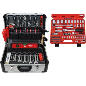 Famex Alu Werkzeugkoffer mit 66-tlg. Steckschlüsselsatz, gefüllt mit Werkzeugen wie Zangen, Schraubendrehern und vielem mehr.